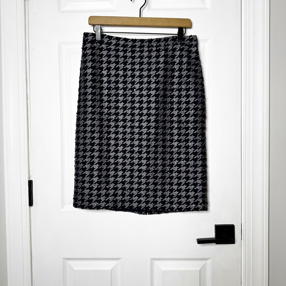 Ann Taylor Navy Silver Sequin Houndstooth Pencil Skirt Size 8 Business‎ Casual